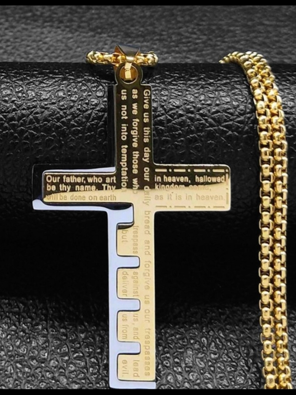 Gold & Silver Cross Pendant Necklace with Engraved Lord's Prayer